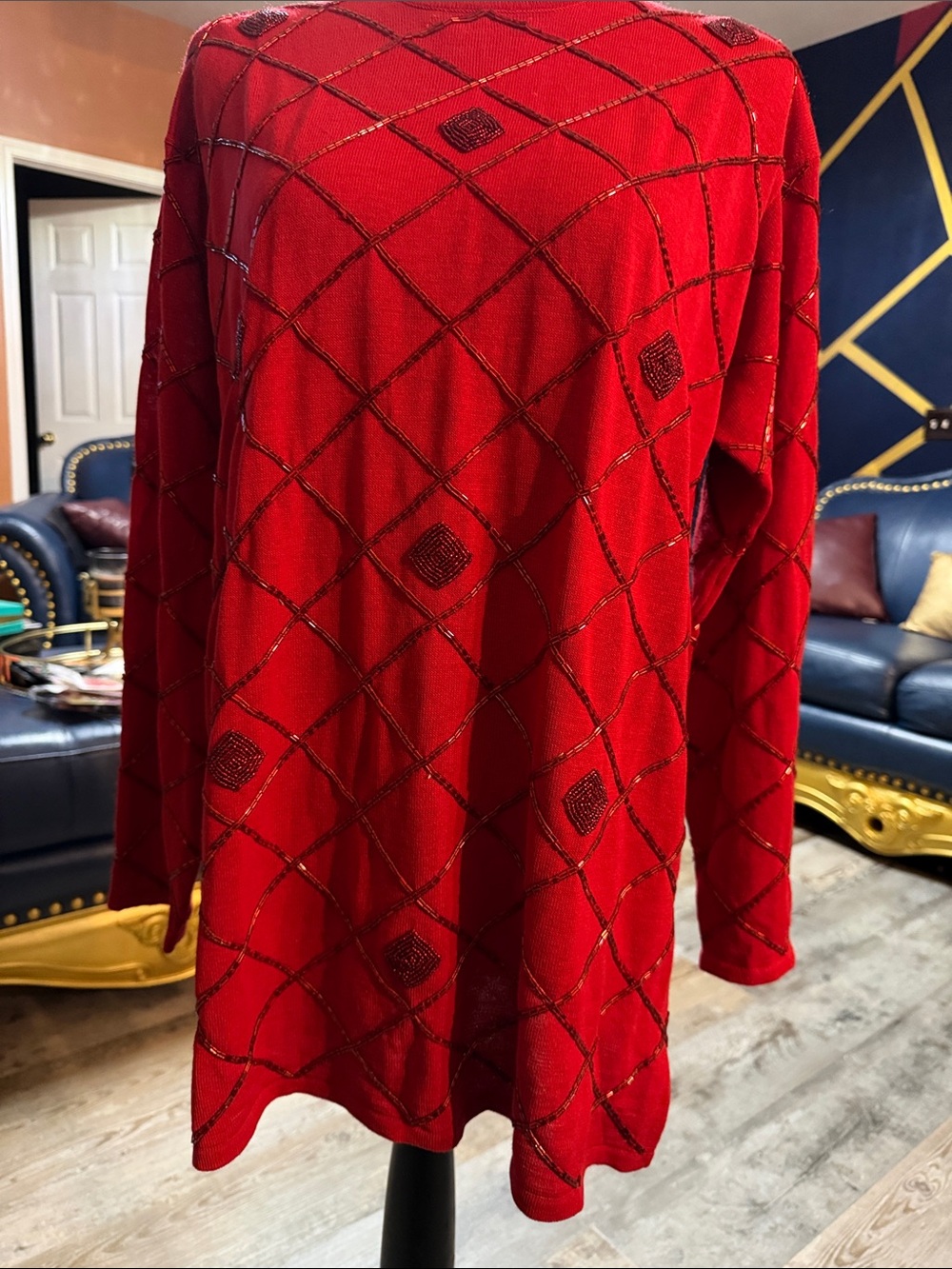 Liz Clairborne Red Long-Sleeve Tunic Sweater with Sequin Diamond Pattern